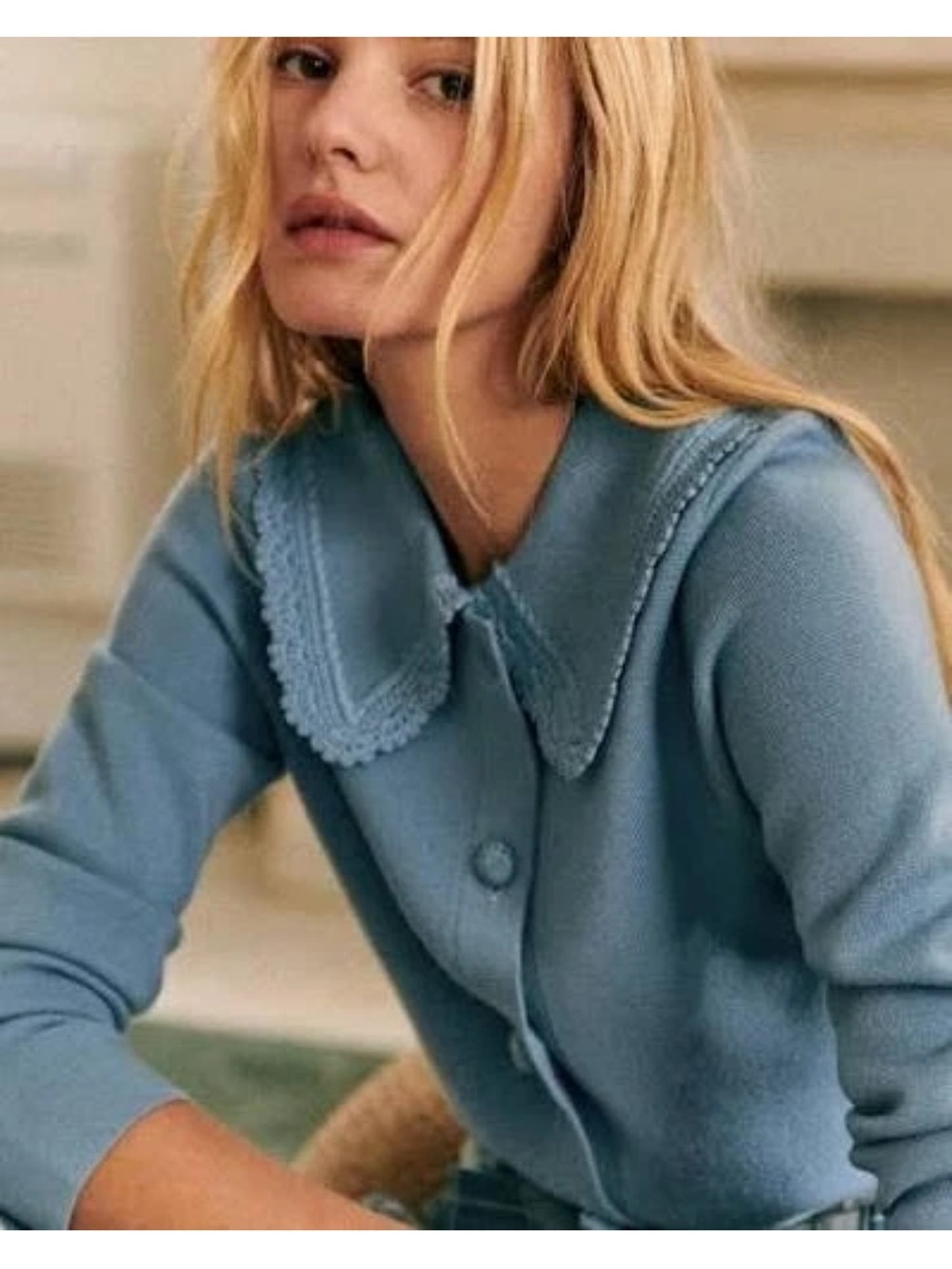 Sezane Bettany Cardigan Vintage Blue Merino Wool Lace Collar XS S23IJUP015E - Picture 2 of 8